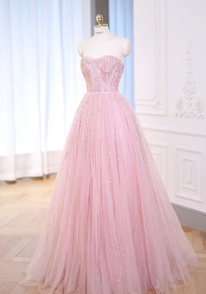 Pretty Ball Gown Sweetheart Tulle Pink Long Quinceanera Dress Formal Gowns Vestido De 15 Anos Sweet 16 Dress W0738