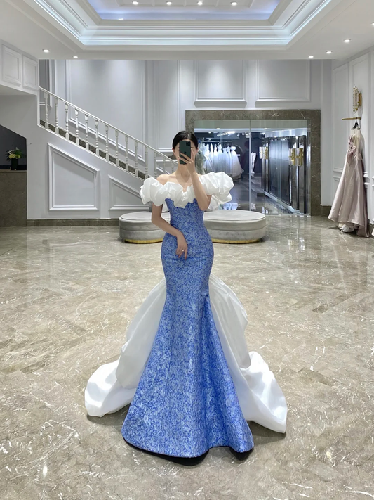 Classy Sheath Off The Shoulder Blue Satin Long Formal Evening Gown Summer Wedding Guest Dress Bridal Guest Dresses Wedding Outfits For Guest W0739