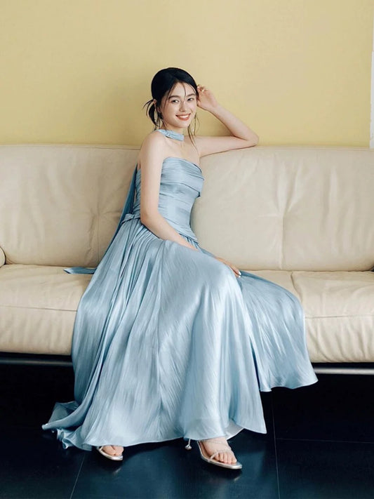 Classy A line Strapless Blue Satin Long Prom Gown Summer Wedding Guest Dress Bridal Guest Dresses Wedding Outfits For Guest W0742