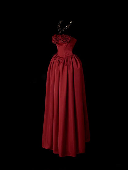Classy Ball Gown Strapless Burgundy Satin Sleeveless Long Prom Dresses Party Dress Birthday Outfits Graduation Dresses W0743