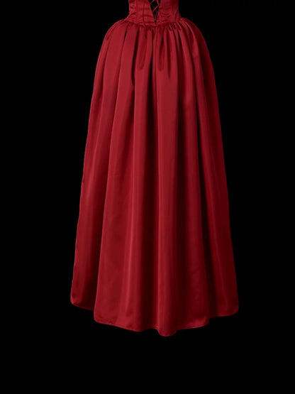 Classy Ball Gown Strapless Burgundy Satin Sleeveless Long Prom Dresses Party Dress Birthday Outfits Graduation Dresses W0743