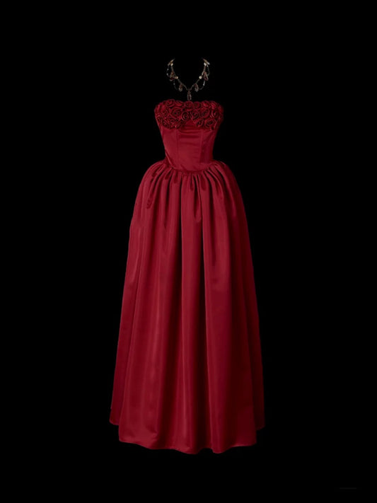 Classy Ball Gown Strapless Burgundy Satin Sleeveless Long Prom Dresses Party Dress Birthday Outfits Graduation Dresses W0743