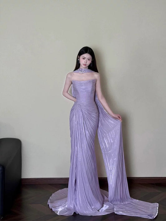 Classy Sheath Strapless Lilac Long Prom Gown Summer Wedding Guest Dress Bridal Guest Dresses Wedding Outfits For Guest With Scarf W0744