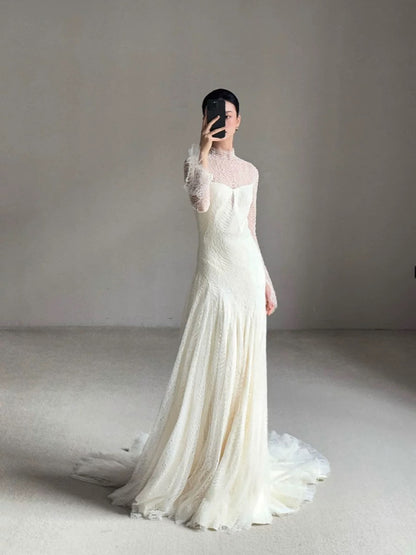 Vintage Wedding Dress Mermaid High Neck Long Sleeves White Lace Summer Long Wedding Dresses Bridal Gowns W0748