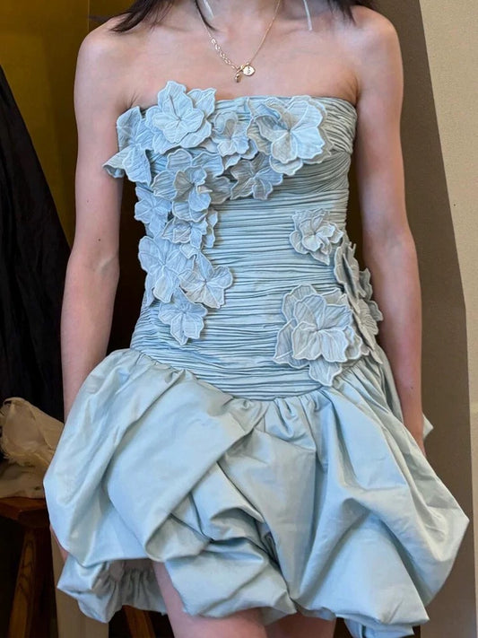 Robe fourreau sexy sans bretelles à fleurs bleues, robe de soirée courte, robe de cocktail d'été Hoco, tenues pour 18e anniversaire W0753
