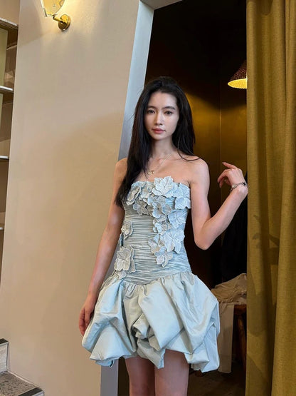 Robe fourreau sexy sans bretelles à fleurs bleues, robe de soirée courte, robe de cocktail d'été Hoco, tenues pour 18e anniversaire W0753