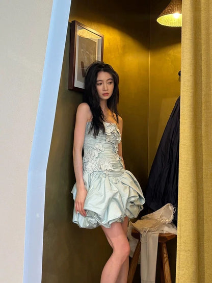 Robe fourreau sexy sans bretelles à fleurs bleues, robe de soirée courte, robe de cocktail d'été Hoco, tenues pour 18e anniversaire W0753