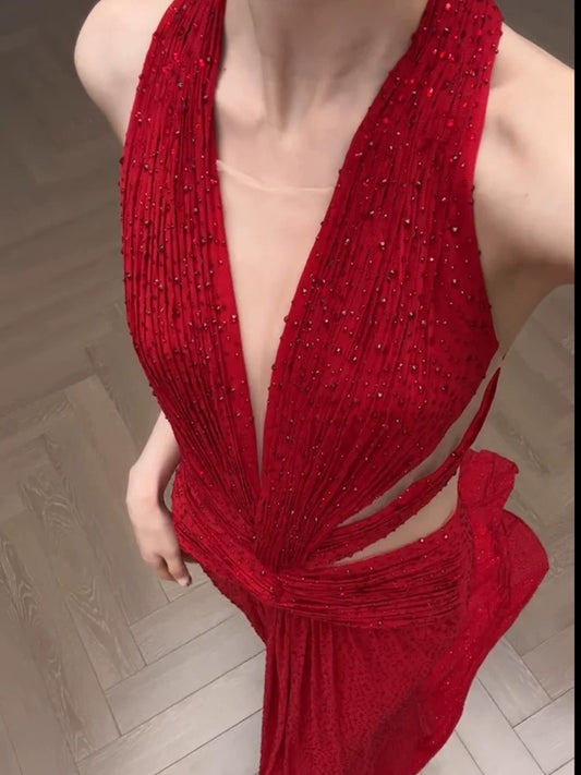 Classy A Line V Neck Red Long Prom Gown Summer Wedding Guest Dress Bridal Guest Dresses Wedding Outfits For Guest W0755