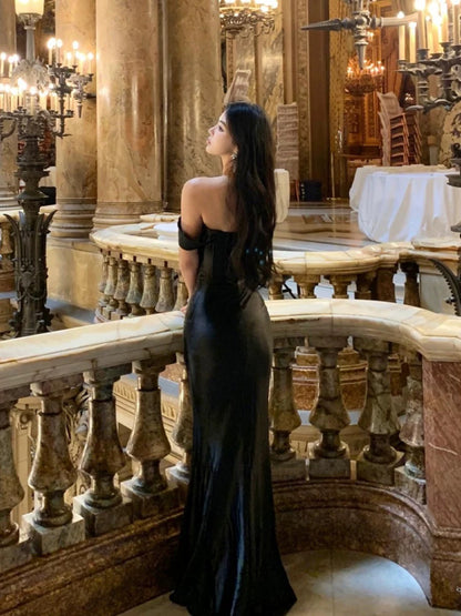 Classy Mermaid Off The Shoulder Black Satin Long Prom Dresses Party Dress Birthday Outfits Graduation Dresses W0757