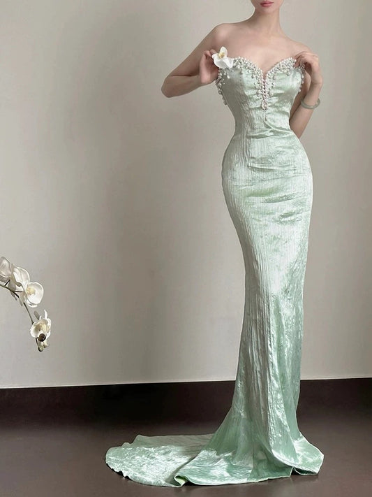 Classy Mermaid Sweetheart Mint Green Satin Long Prom Dresses Party Dress Birthday Outfits Graduation Dresses W0758