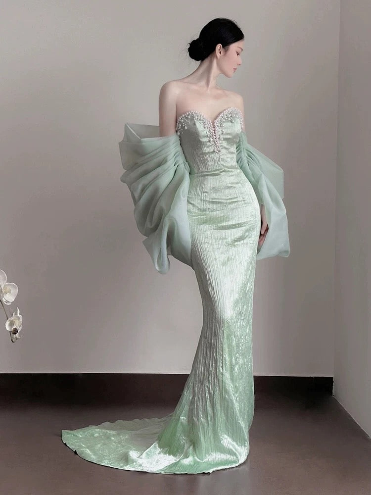 Classy Mermaid Sweetheart Mint Green Satin Long Prom Dresses Party Dress Birthday Outfits Graduation Dresses W0758