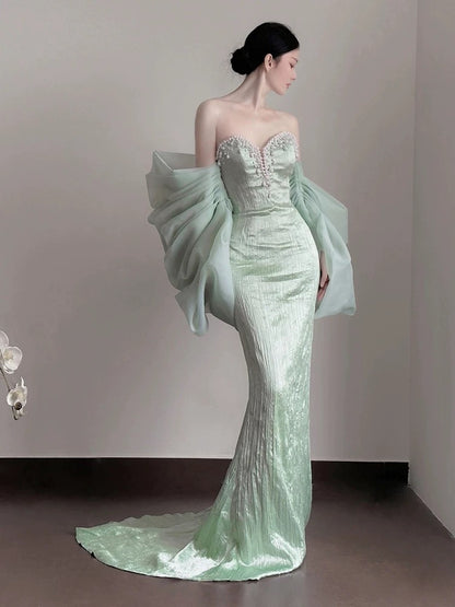Classy Mermaid Sweetheart Mint Green Satin Long Prom Dresses Party Dress Birthday Outfits Graduation Dresses W0758