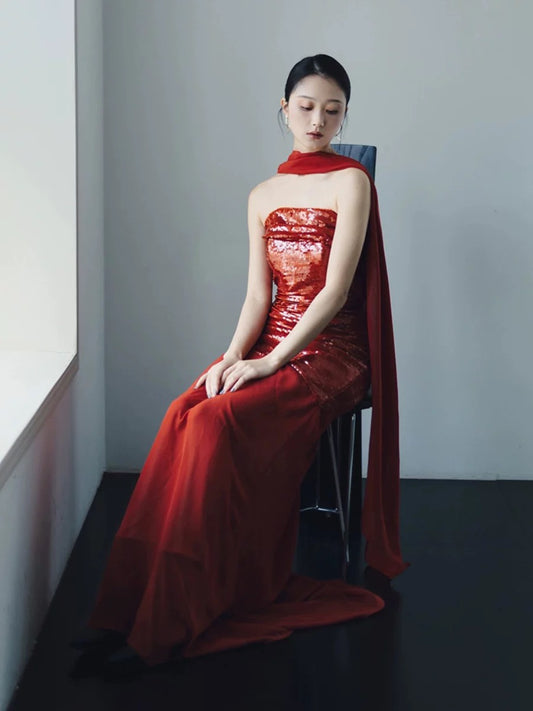 Classy Sheath Strapless Red Long Prom Gown Summer Wedding Guest Dress Bridal Guest Dresses Wedding Outfits For Guest With Scarf W0760