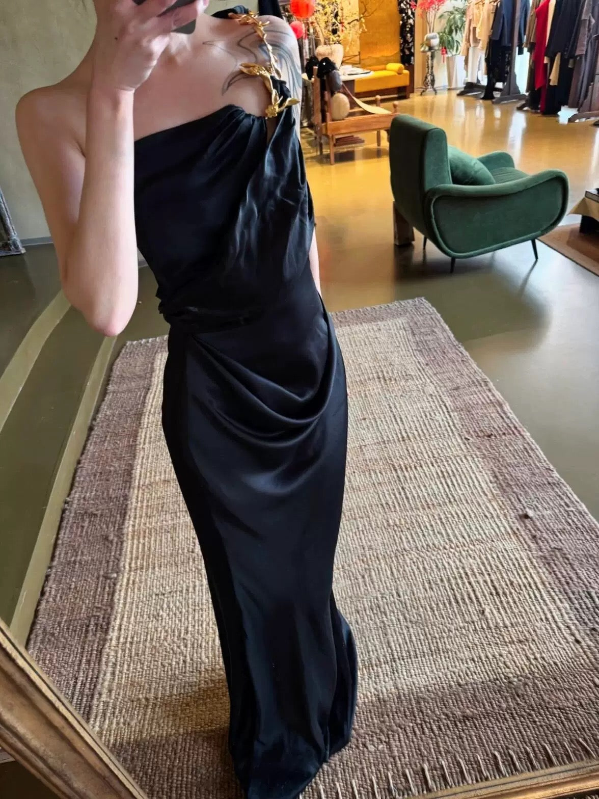 Classy Mermaid One Shoulder Black Satin Long Prom Dresses Party Dress Birthday Outfits Graduation Dresses W0763