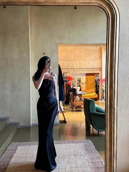 Classy Mermaid One Shoulder Black Satin Long Prom Dresses Party Dress Birthday Outfits Graduation Dresses W0763