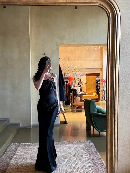 Classy Mermaid One Shoulder Black Satin Long Prom Dresses Party Dress Birthday Outfits Graduation Dresses W0763