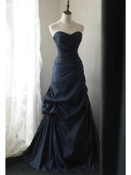 Classy Mermaid Sweetheart Navy Blue Satin Long Prom Dresses Party Dress Birthday Outfits Graduation Dresses W0766