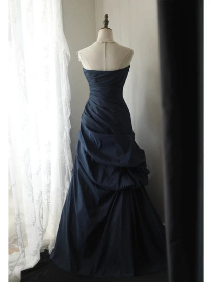 Classy Mermaid Sweetheart Navy Blue Satin Long Prom Dresses Party Dress Birthday Outfits Graduation Dresses W0766