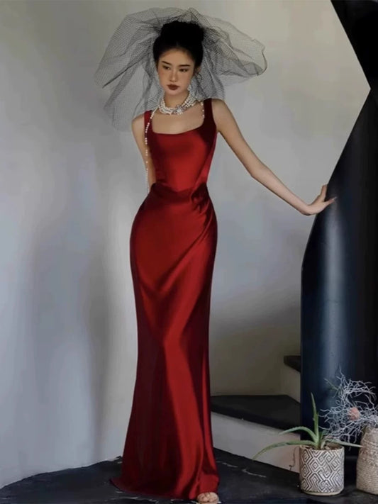 Classy Mermaid Square Red Long Prom Gown Summer Wedding Guest Dress Bridal Guest Dresses Wedding Outfits For Guest W0767