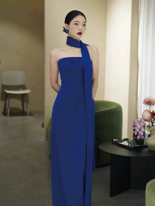 Classy Sheath Strapless Royal Blue Long Prom Gown Summer Wedding Guest Dress Bridal Guest Dresses Wedding Outfits For Guest W0768