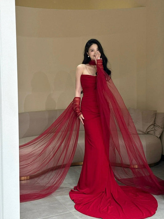Classy Mermaid Strapless Red Long Prom Gown Summer Wedding Guest Dress Bridal Guest Dresses Wedding Outfits For Guest With Scarf W0776