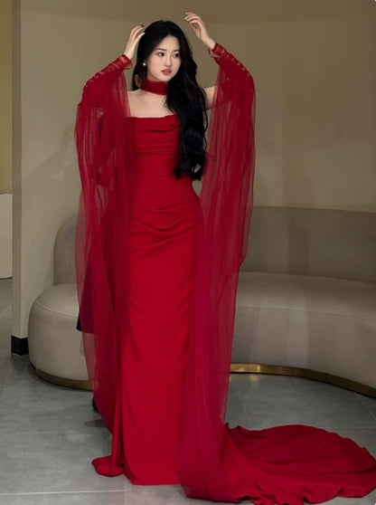Classy Mermaid Strapless Red Long Prom Gown Summer Wedding Guest Dress Bridal Guest Dresses Wedding Outfits For Guest With Scarf W0776
