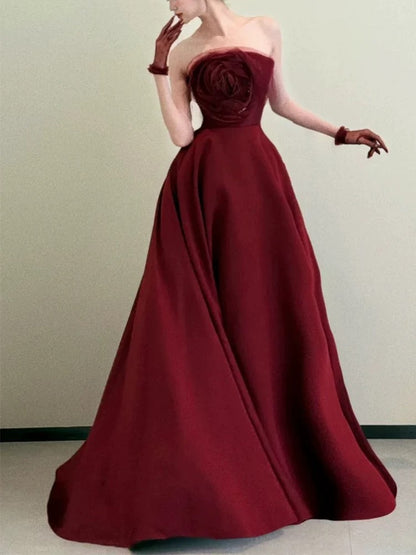 Classy Ball Gown Strapless Wine Red Long Prom Gown Summer Wedding Guest Dress Bridal Guest Dresses Wedding Outfits For Guest W0777