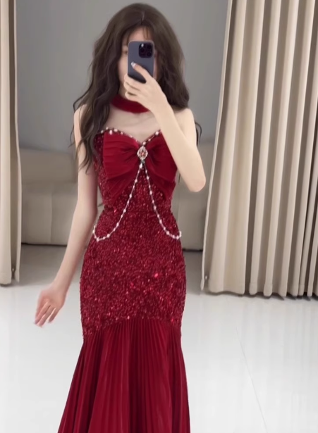 Robe de bal longue rouge à paillettes, style sirène, décolleté en cœur, élégante, tenue de soirée, tenue d'invitée de mariage, W0777