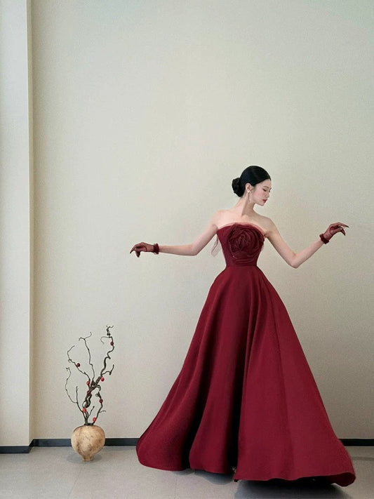 Classy Ball Gown Strapless Wine Red Long Prom Gown Summer Wedding Guest Dress Bridal Guest Dresses Wedding Outfits For Guest W0777