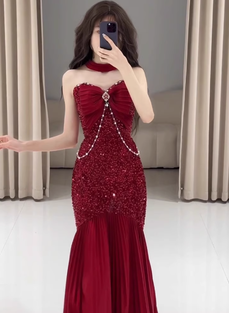 Robe de bal longue rouge à paillettes, style sirène, décolleté en cœur, élégante, tenue de soirée, tenue d'invitée de mariage, W0777