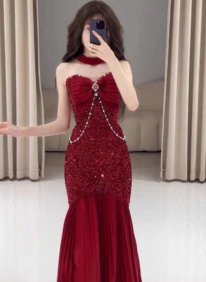 Robe de bal longue rouge à paillettes, style sirène, décolleté en cœur, élégante, tenue de soirée, tenue d'invitée de mariage, W0777