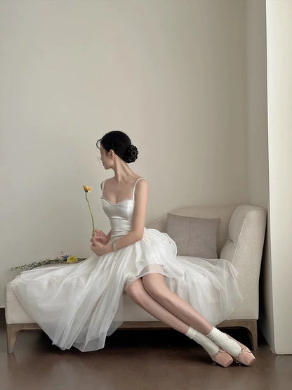 Simple A Line Spaghetti Straps Prom Gown Summer Wedding Guest Dress Bridal Guest Dresses White Wedding Outfits For Guest W0781
