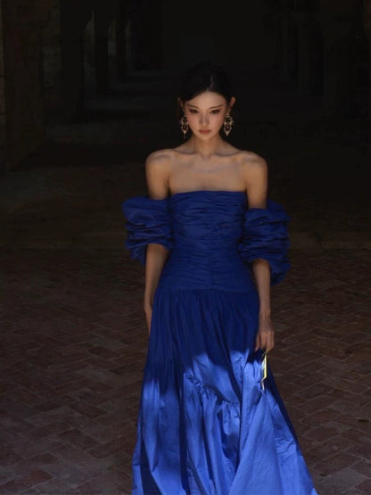Classy A line Strapless Royal Blue Long Prom Gown Summer Wedding Guest Dress Bridal Guest Dresses Wedding Outfits For Guest W0782