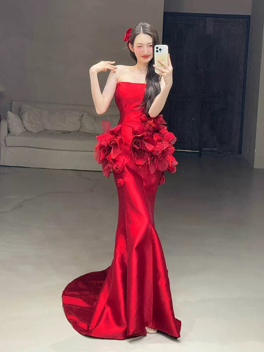 Classy Mermaid Strapless Red Floral Long Prom Gown Summer Wedding Guest Dress Bridal Guest Dresses Wedding Outfits For Guest W0783