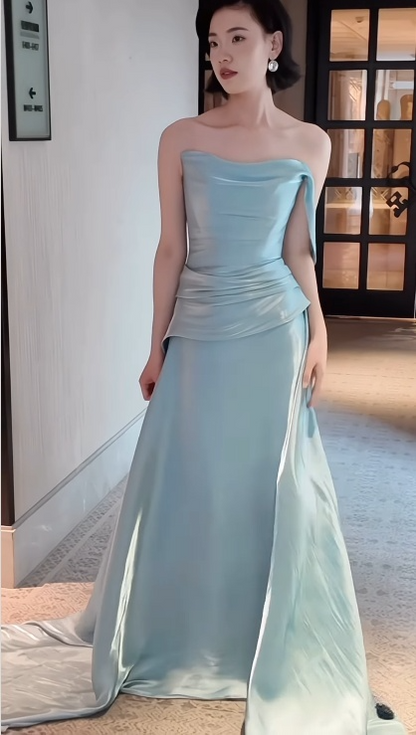 Sexy Mermaid Strapless Light Sky Blue Satin Prom Dresses Party Dress Summer 20th Birthday Outfits Birthday Dresses W0789
