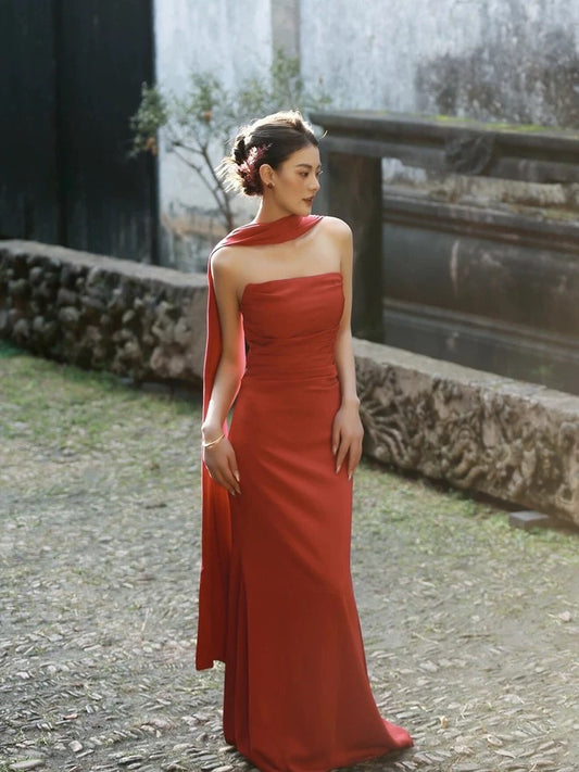 Classy Sheath Strapless Red Long Prom Gown Summer Wedding Guest Dress Bridal Guest Dresses Wedding Outfits For Guest W0790