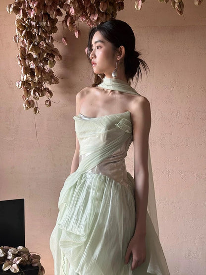 Modest A line Strapless Mint Green Long Prom Gown Summer Wedding Guest Dress With Scarf Bridal Guest Dresses Wedding Outfits For Guest W0791