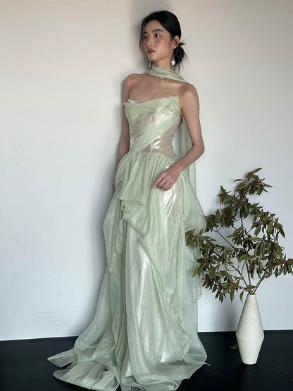 Modest A line Strapless Mint Green Long Prom Gown Summer Wedding Guest Dress With Scarf Bridal Guest Dresses Wedding Outfits For Guest W0791