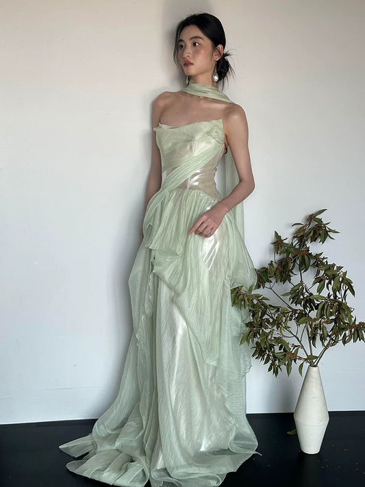 Modest A line Strapless Mint Green Long Prom Gown Summer Wedding Guest Dress With Scarf Bridal Guest Dresses Wedding Outfits For Guest W0791