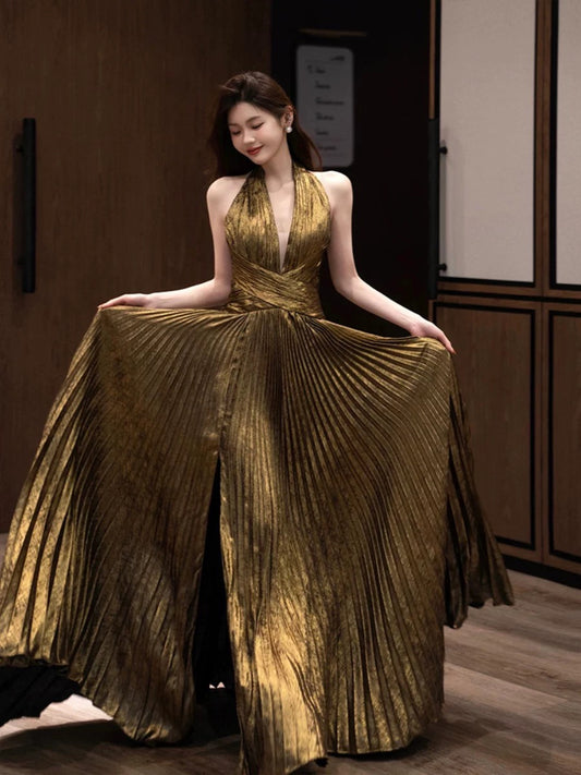 Modest A line Halter Slit Long Prom Gown Summer Wedding Guest Dress Bridal Guest Dresses Wedding Outfits For Guest W0793
