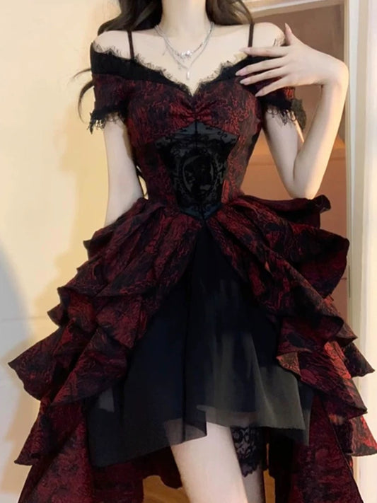Vintage High Low Off The Shoulder Short Sleeves Gothic Black Red 16th Burgundy Birthday Dress Lolita Dress Birthday Outfits W1003