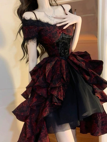 Vintage High Low Off The Shoulder Short Sleeves Gothic Black Red 16th Burgundy Birthday Dress Lolita Dress Birthday Outfits W1003
