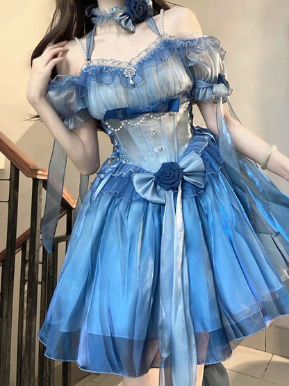Robe vintage à manches courtes et épaules dénudées pour 16e anniversaire, style Lolita, tenue d'été bleue, W1010