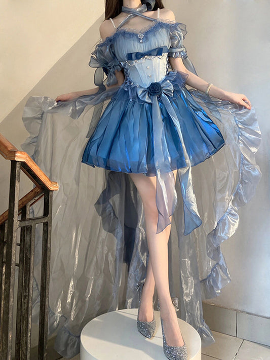 Vintage High Low Off The Shoulder Short Sleeves 16th Blue Birthday Dress Lolita Summer Dress Birthday Outfits W1010