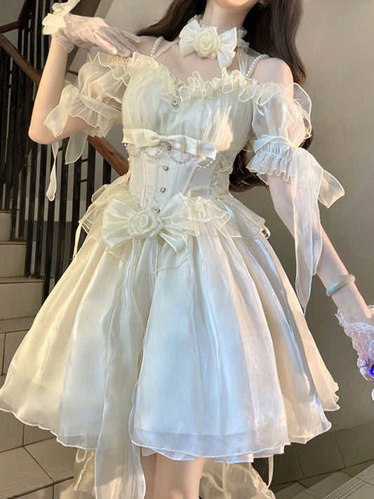 Vintage High Low Off The Shoulder Short Sleeves 18th White Birthday Dress Lolita Summer Dress Birthday Outfits W1011