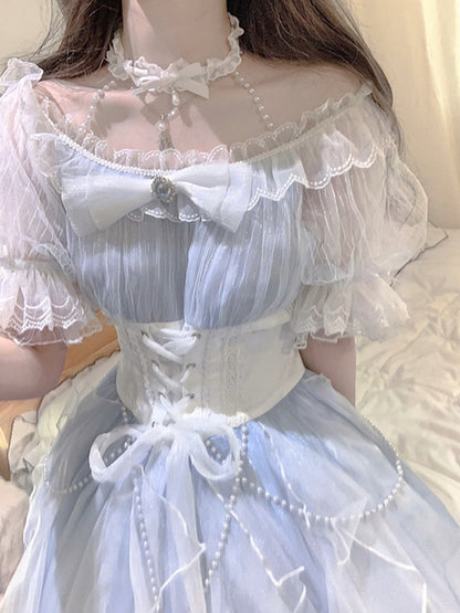 Vintage Ball Gown Off The Shoulder Blue Short Summer Holiday Dresses 16th Birthday Dress Lolita Dress White Birthday Outfits W1014