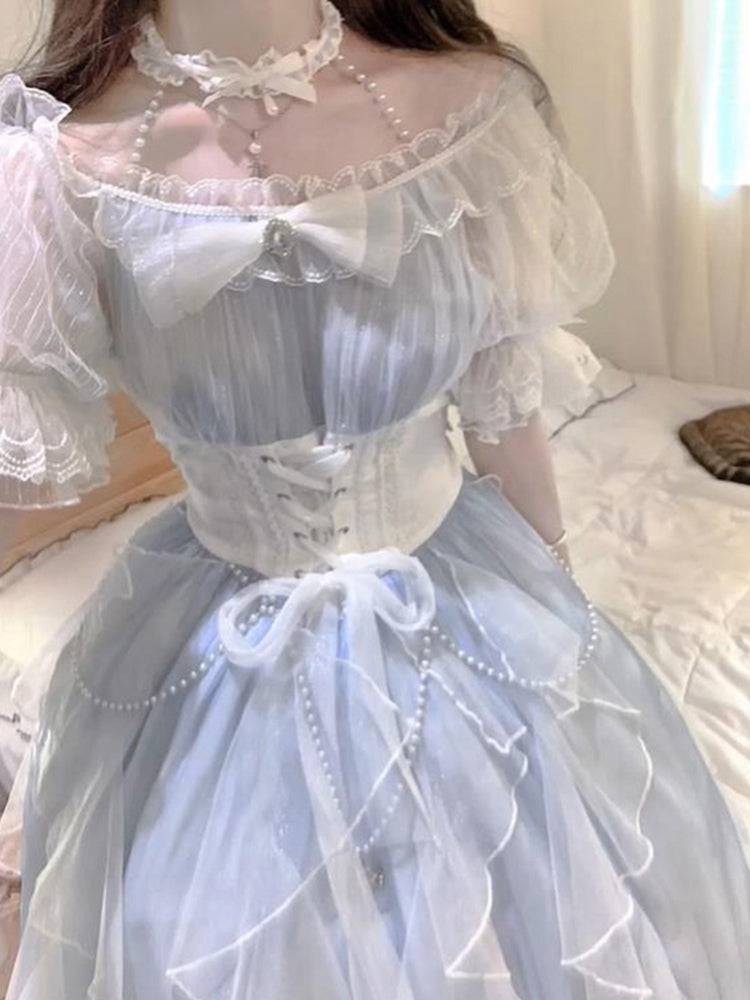 Vintage Ball Gown Off The Shoulder Blue Short Summer Holiday Dresses 16th Birthday Dress Lolita Dress White Birthday Outfits W1014