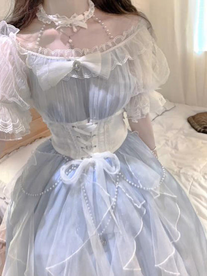 Vintage Ball Gown Off The Shoulder Blue Short Summer Holiday Dresses 16th Birthday Dress Lolita Dress White Birthday Outfits W1014