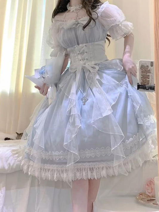 Vintage Ball Gown Off The Shoulder Blue Short Summer Holiday Dresses 16th Birthday Dress Lolita Dress White Birthday Outfits W1014