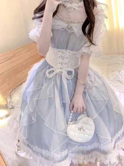 Vintage Ball Gown Off The Shoulder Blue Short Summer Holiday Dresses 16th Birthday Dress Lolita Dress White Birthday Outfits W1014